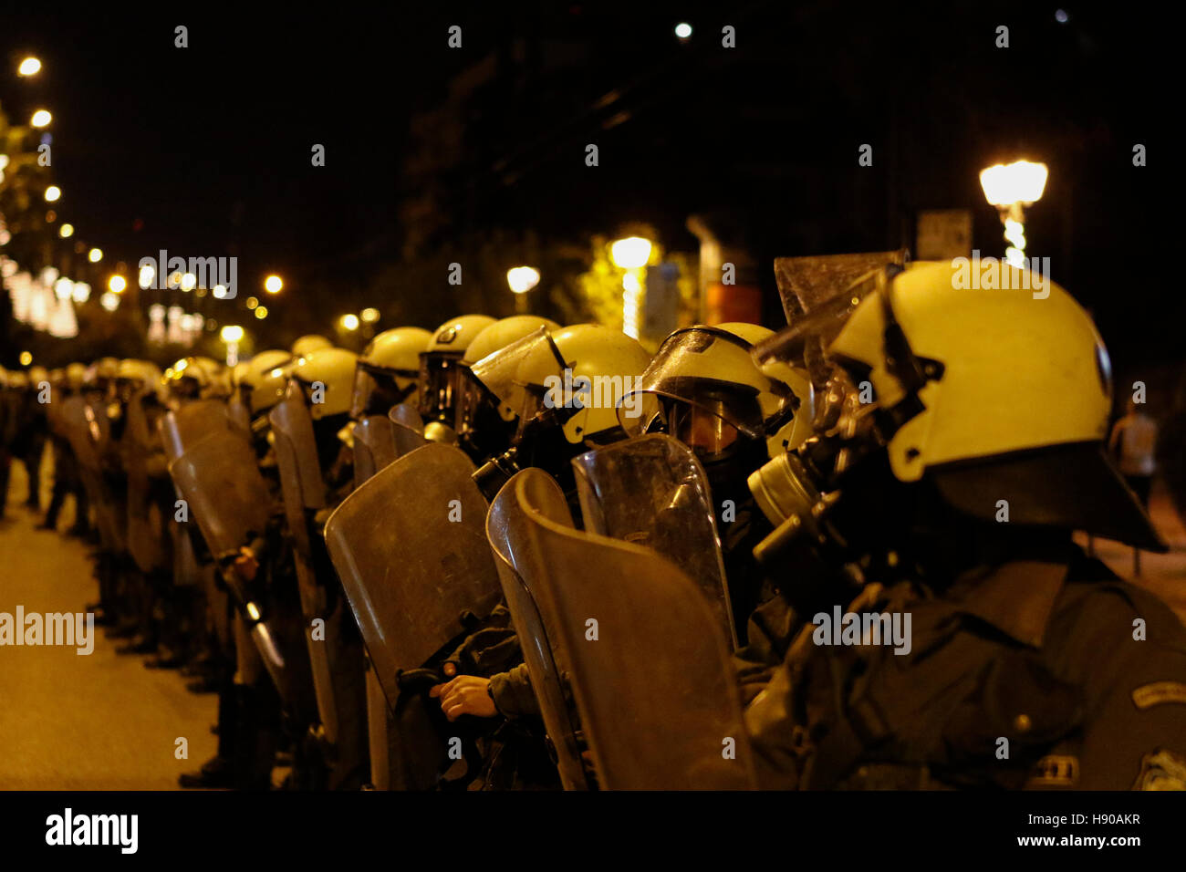Athens, Greece. 17th November 2016. A long line of riot police officers ...
