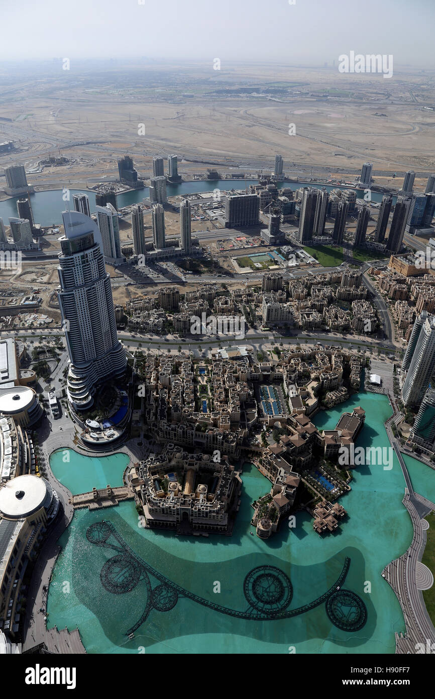Panorama view of Dubai from Burj Khalifa, UAE Stock Photo