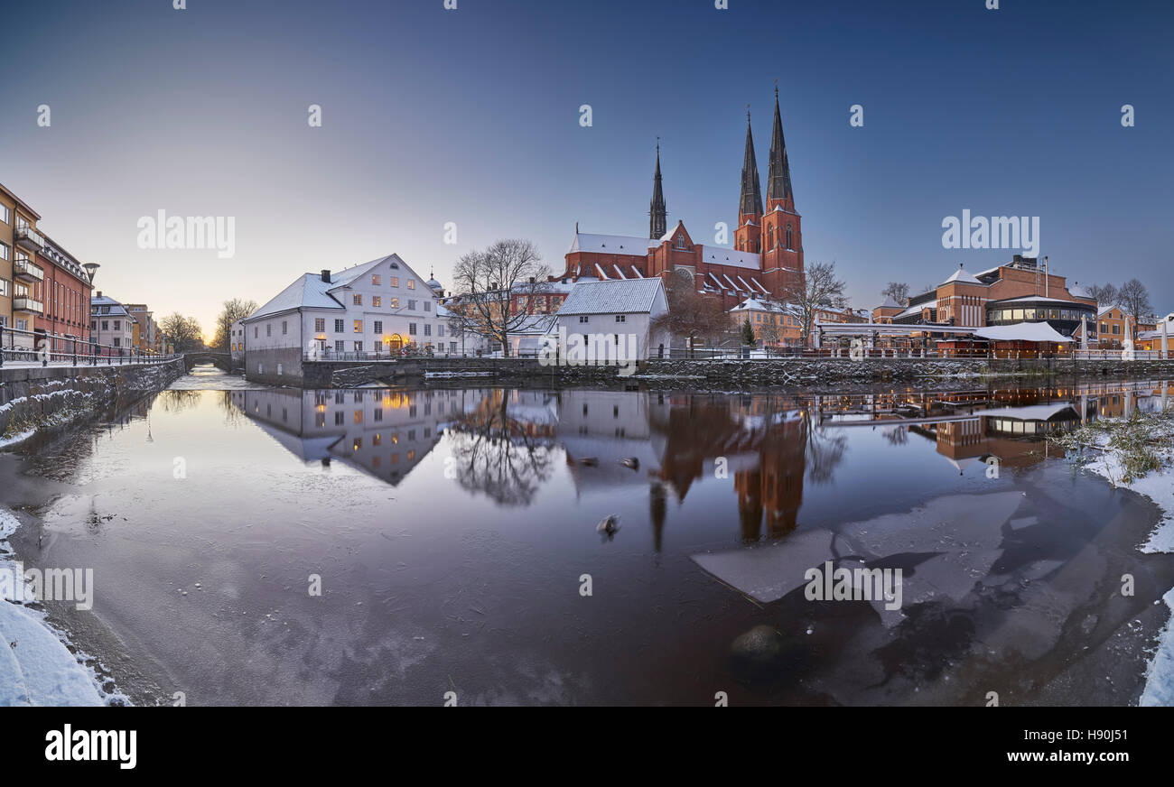 The Cathedral and the Fyris river (Fyrisan) in the winter at Christmas time, Uppsala, Sweden, Scandinavia Stock Photo