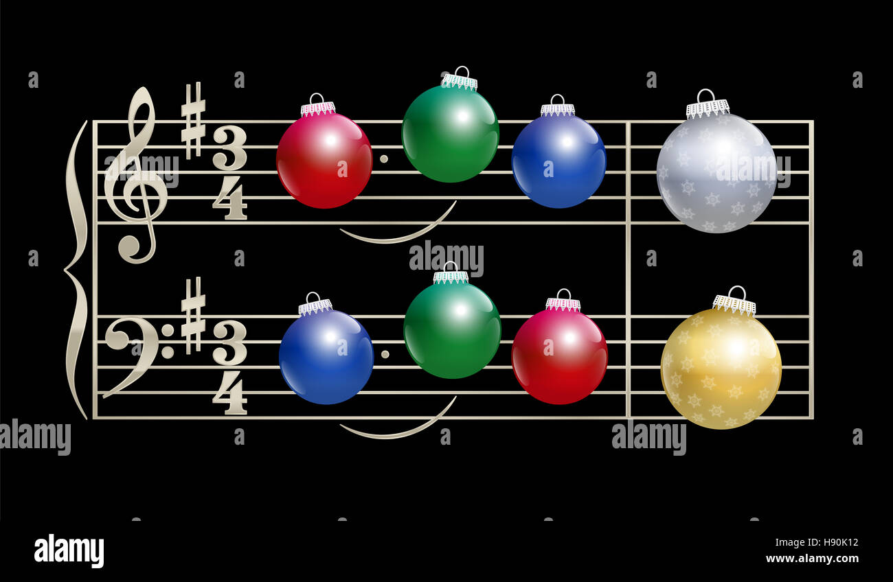 Colorful baubles instead of notes - musical notation on black background. Stock Photo
