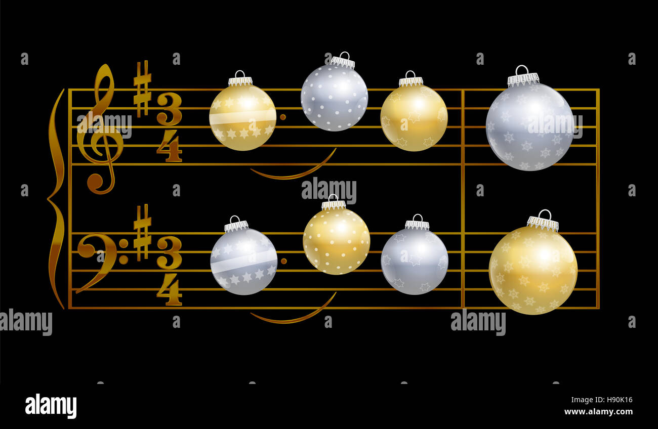 Baubles playing christmas song Silent Night - musical notation on black background. Stock Photo