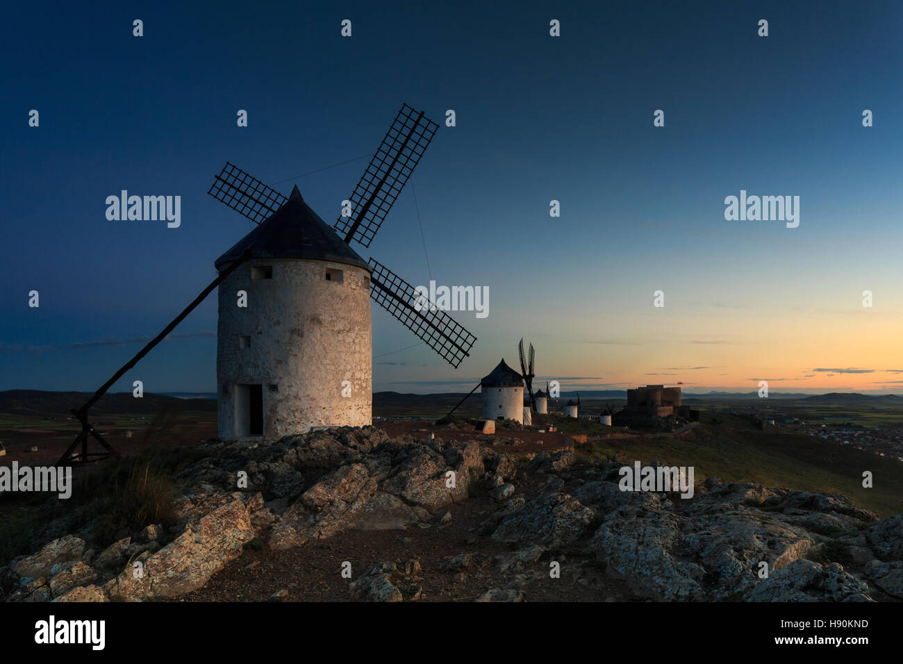 Windmill against blue sky in Consuegra Stock Photo