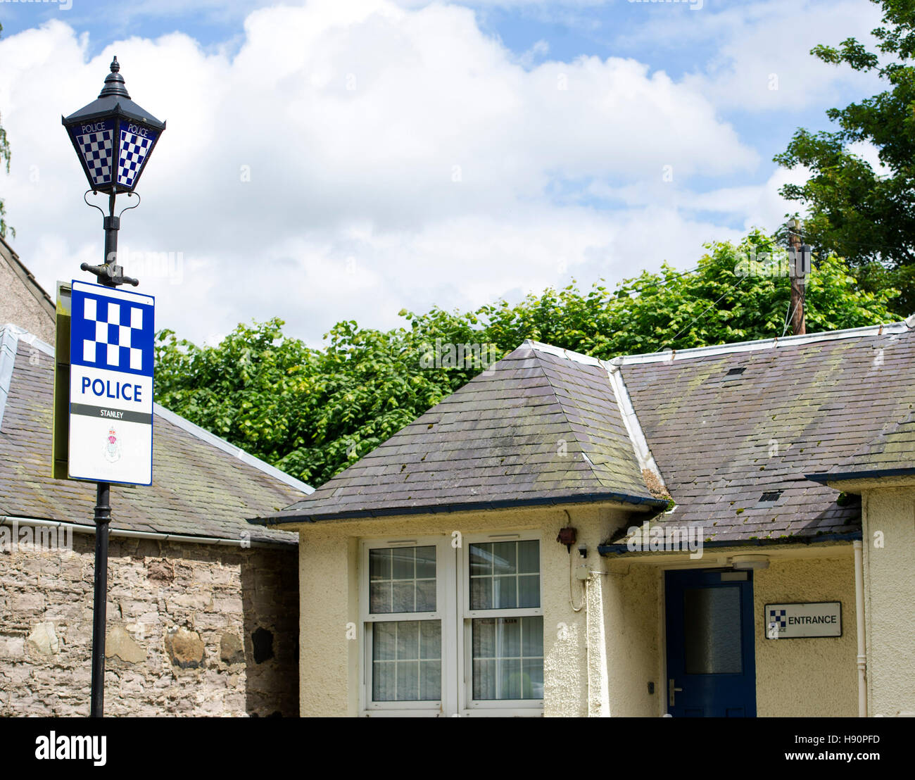 Old style,police sign on lampost outside, Stanley Police station, Stanley village, Perthshire, Scotland Stock Photo