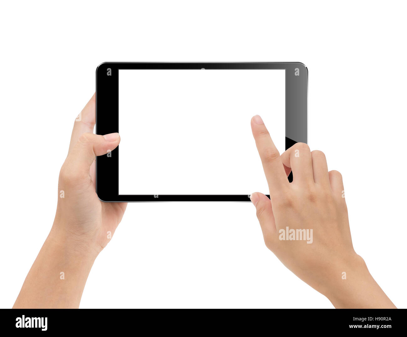 close-up hand using tablet isolated on white clipping path inside, mock-up digital black tablet Stock Photo