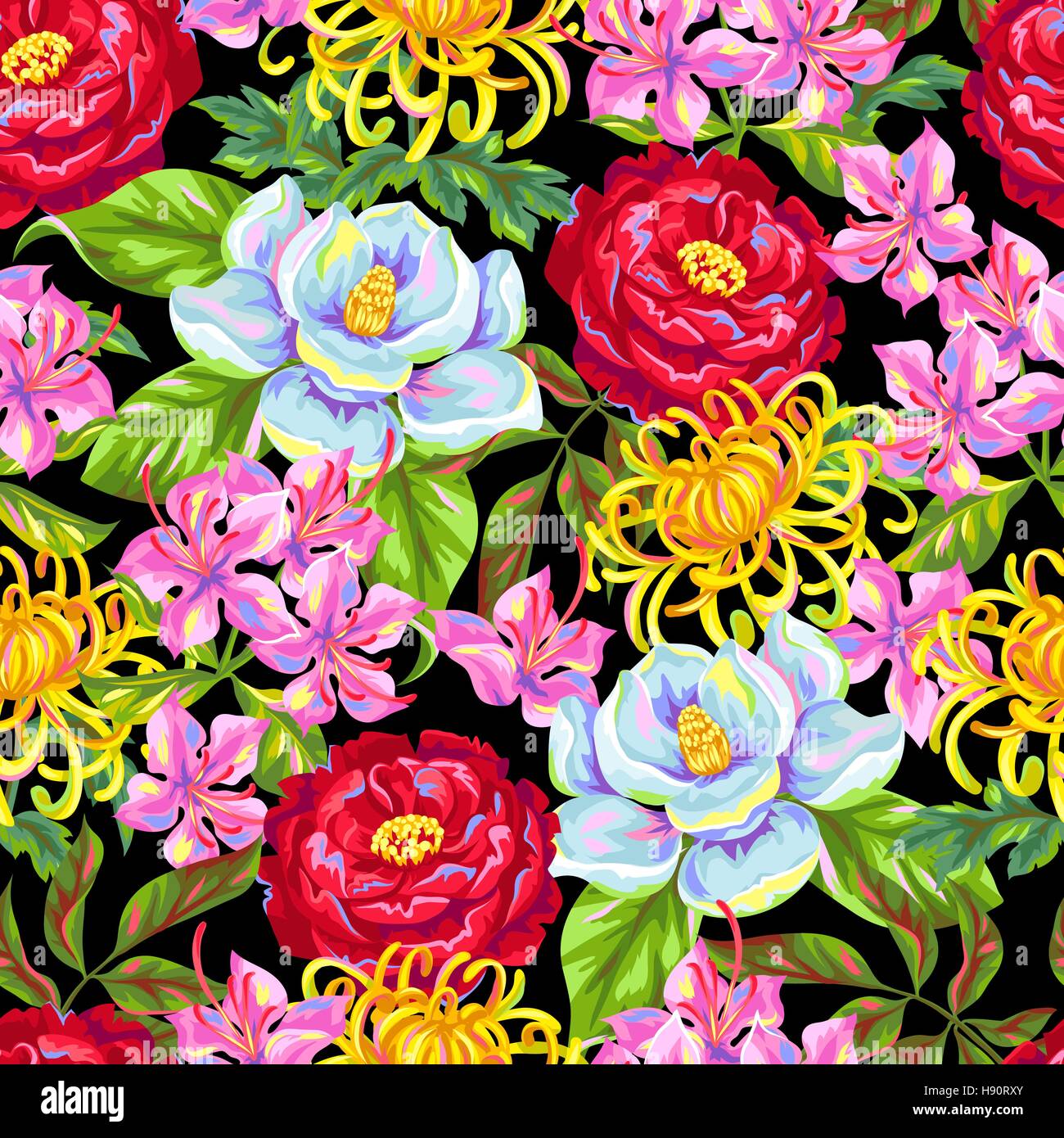 Seamless pattern with China flowers. Bright buds of magnolia, peony, rhododendron and chrysanthemum Stock Vector