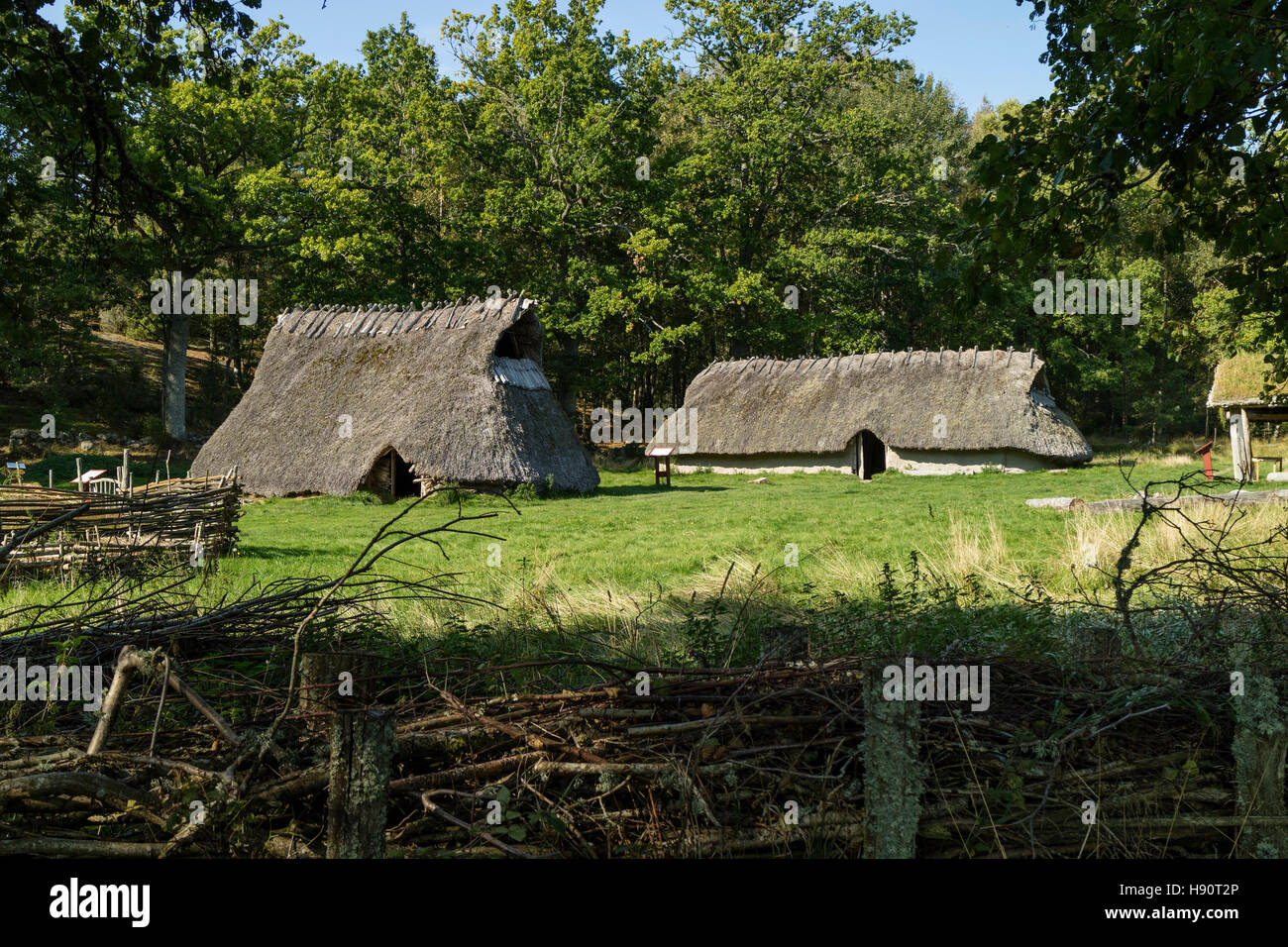 Replica of an old farmhouse from the bronze century in the Tanum world heritage center, Sweden Stock Photo