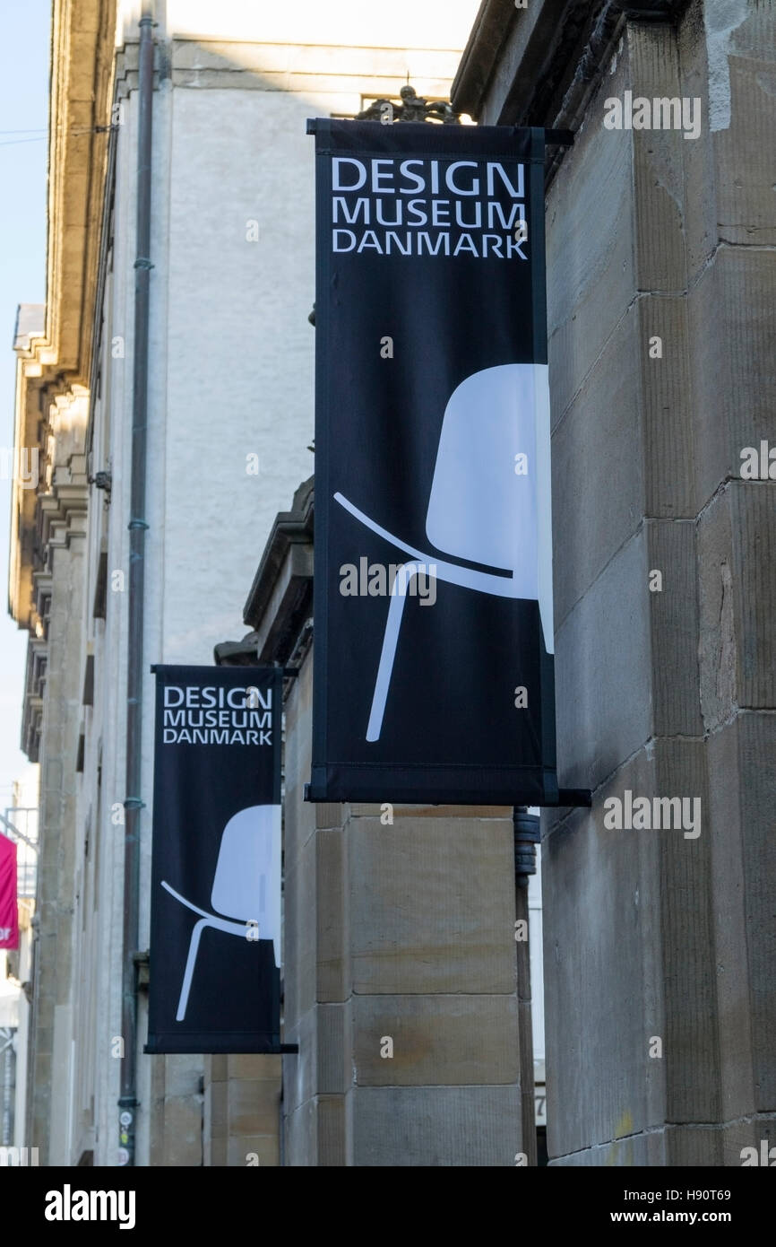 Banners on the facade of the Design Museum Danmark, Copenhagen Denmark Stock Photo