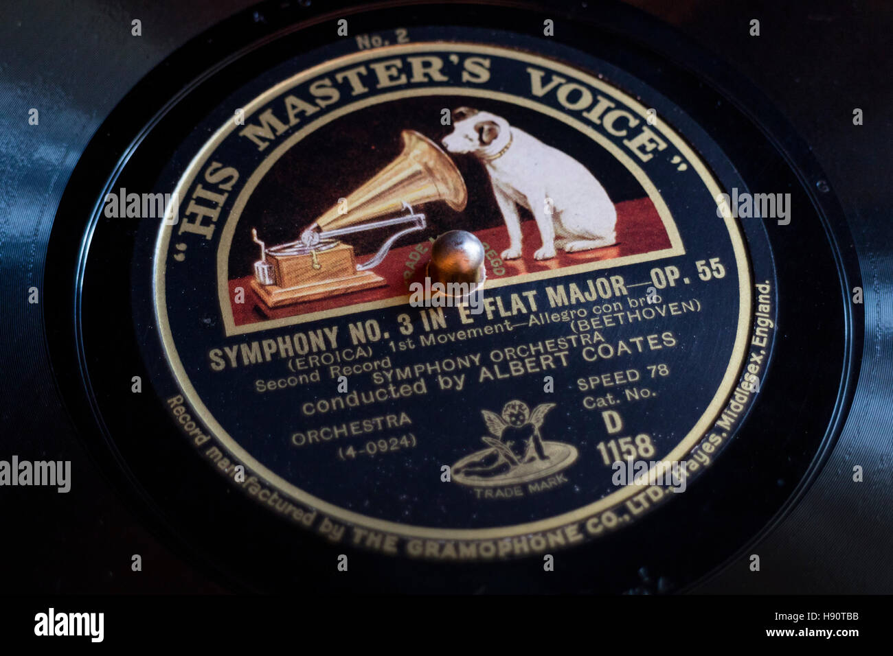 Classic gramophone record with the brand His masters Voice Stock Photo