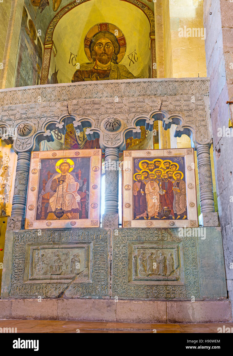 The carved stone iconostasis of Svetitskhoveli Cathedral with ...