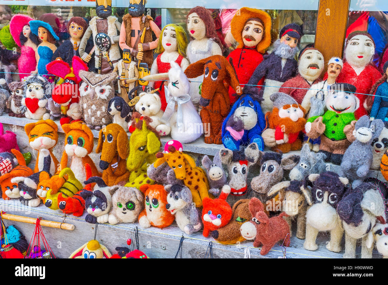 The handmade toys of felted wool, old fashioned dolls can be the nice presents for kids, Mtskheta, Georgia. Stock Photo