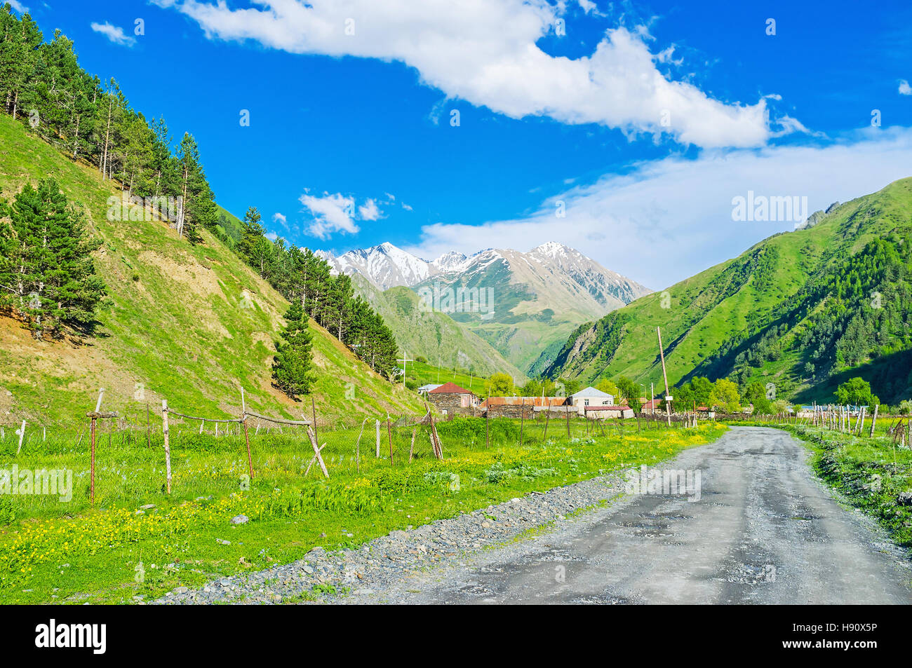 The picturesque nature of the Sno Valley, located between Stepantsminda resort and Juta settlement, Kazbegi, Georgia. Stock Photo