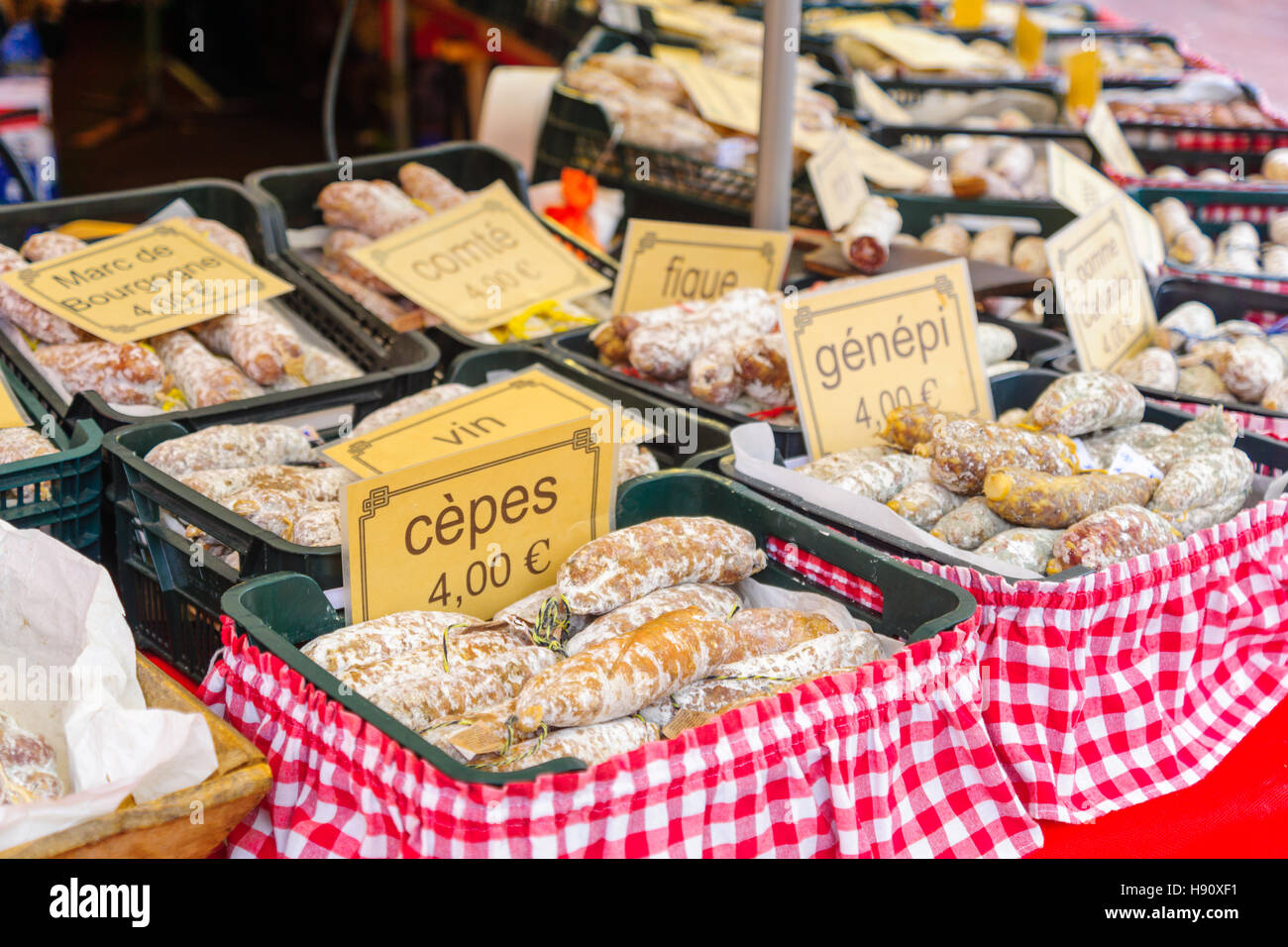 Sausages on sale in a French market in Dijon, Burgundy, France. The