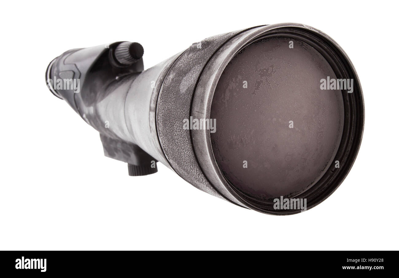 High powered spotting scope that has been in a storm Stock Photo