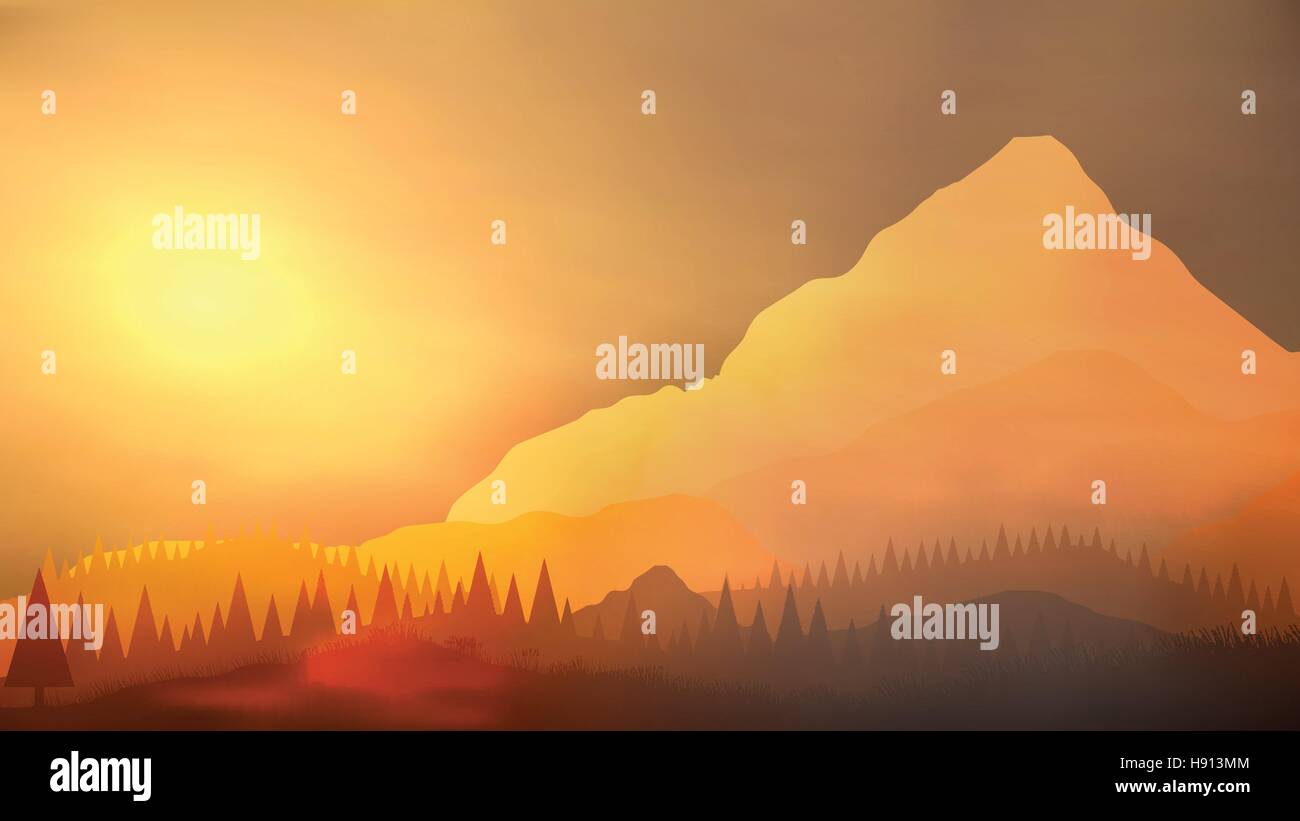 Sunrise Mountain with Pine Forest Landscape - Vector Illustration Stock ...