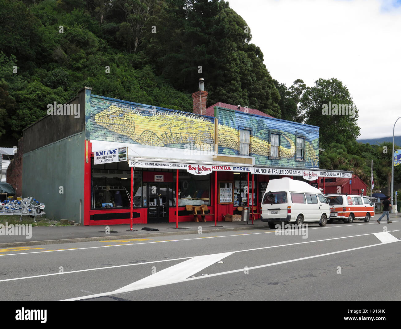 Mussel shops in Havelock, South Island, New Zealand Stock Photo