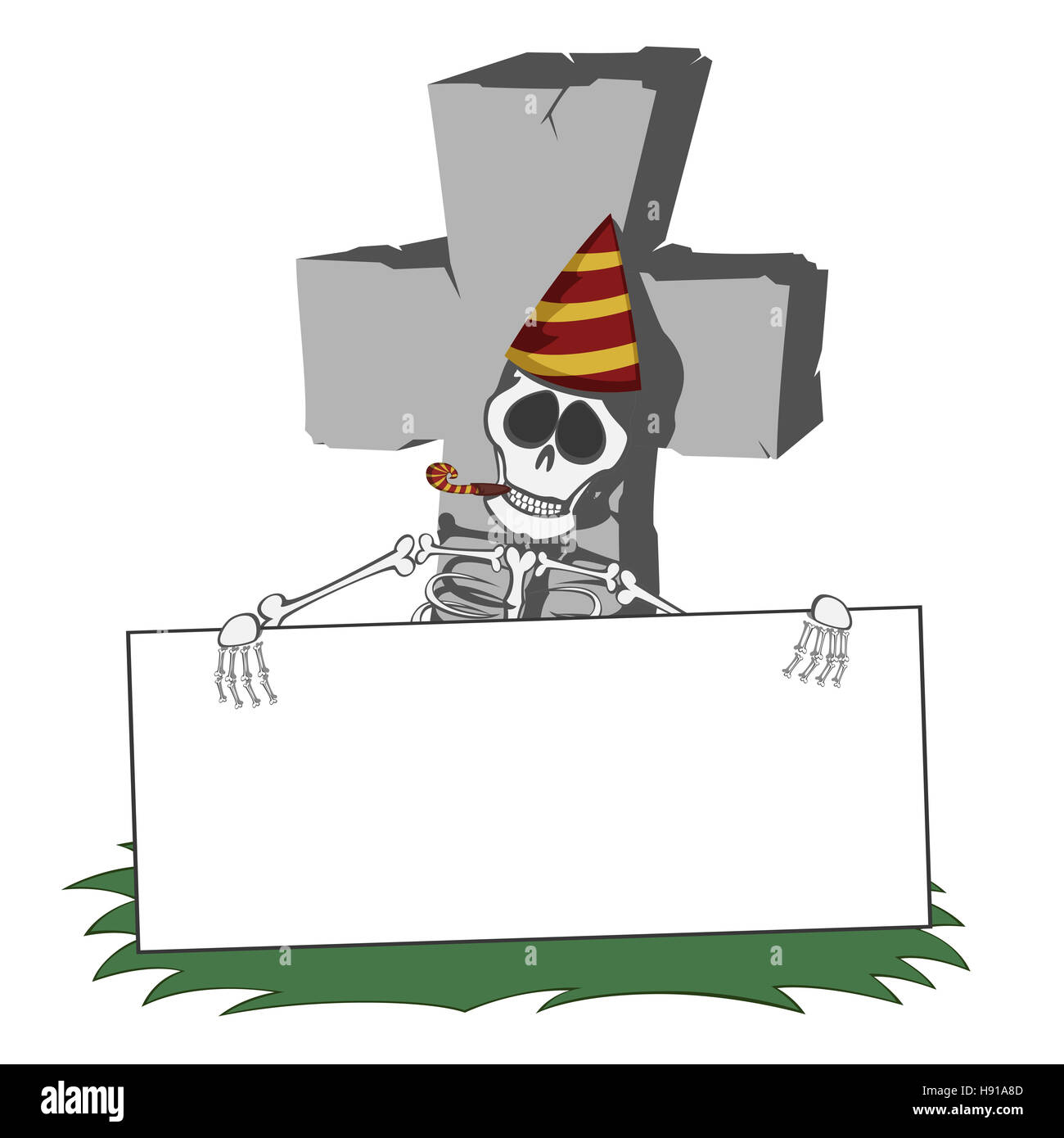 A gray cross-shaped gravestone with grass - skeleton party hard invitation Stock Photo