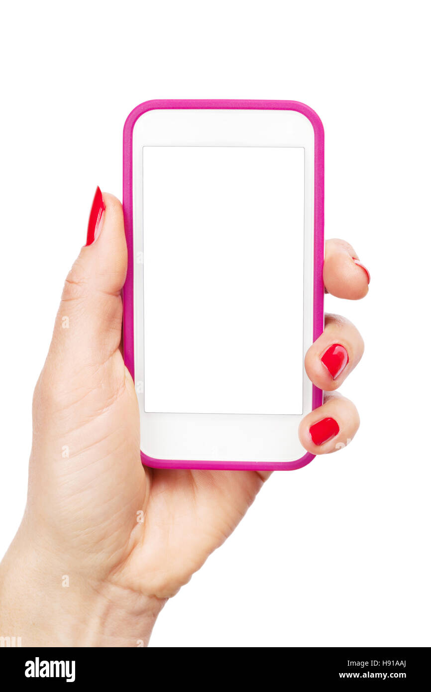 Female hand holding a smartphone. Isolated on white background Stock ...