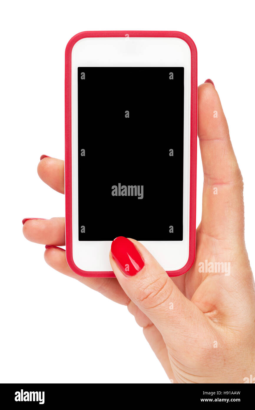 Female hand holding a smartphone. Isolated on white background Stock ...