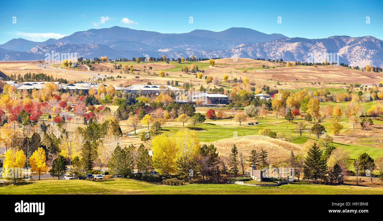 Autumn rural panoramic landscape with Rocky Mountains in distance, Colorado, USA. Stock Photo