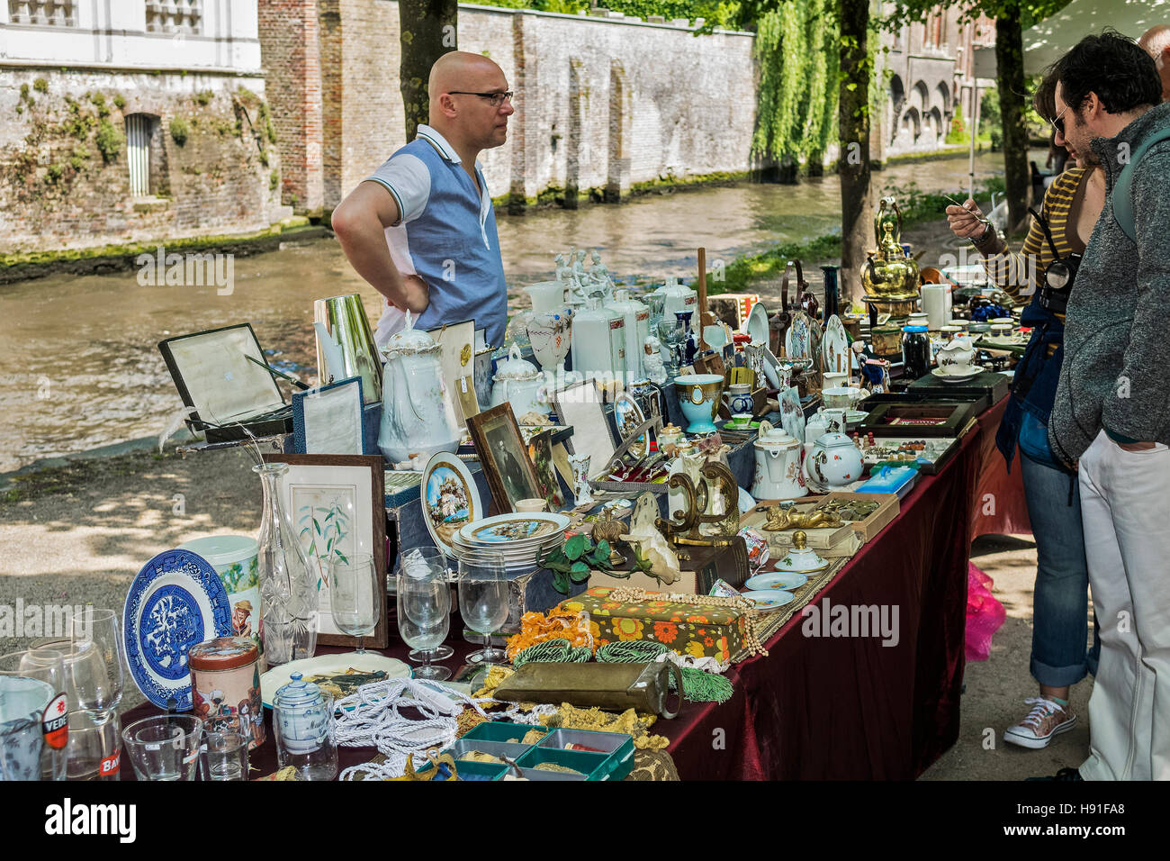 Flea Market By Dijver Canal Bruges Belgium Stock Photo