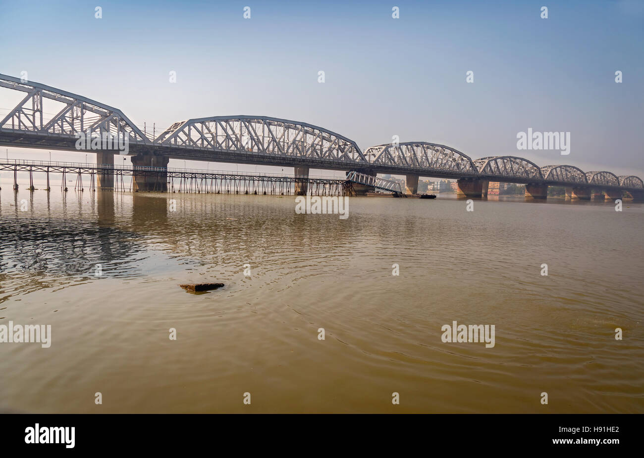 Bally bridge a multi span steel infrastructure over the river Ganges (Hooghly). Stock Photo
