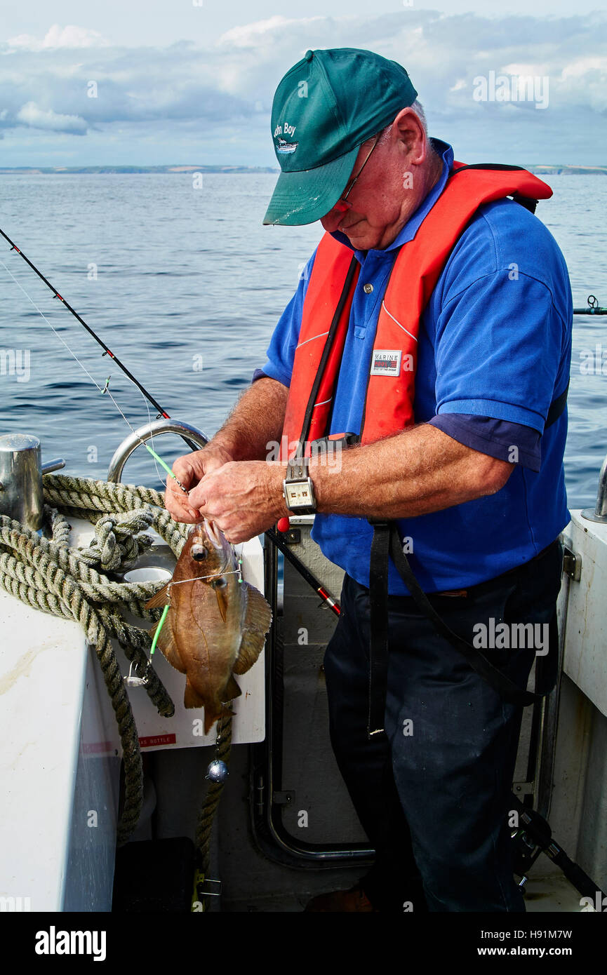 An Angler unhooks a pouting whilst Boat Fishing Stock Photo