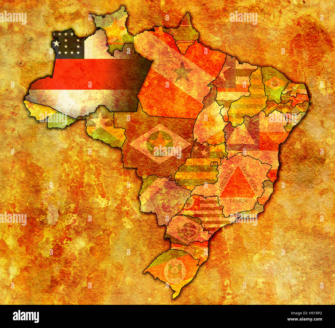 amazonas state on admistration map of brazil with flags Stock Photo