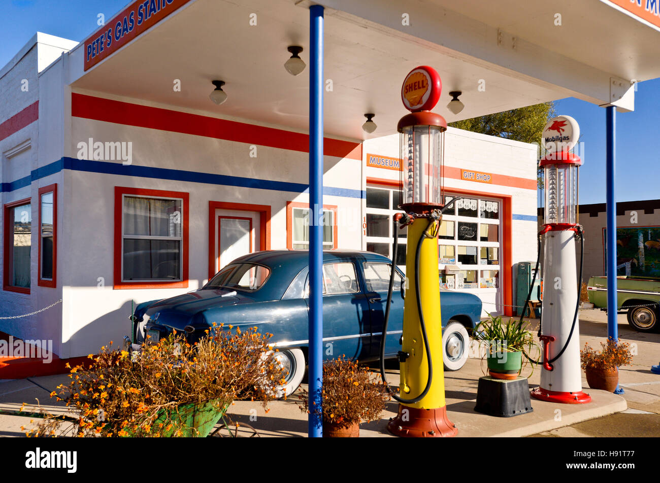 A street scene with an old gas station museum and souvenir shop on the old Route 66 in Williams Arizona Stock Photo