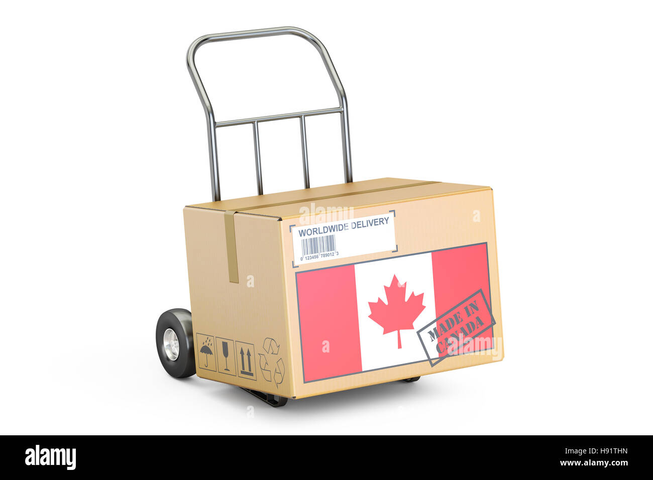 Made in Canada concept. Cardboard Box on Hand Truck, 3D rendering isolated on white background Stock Photo