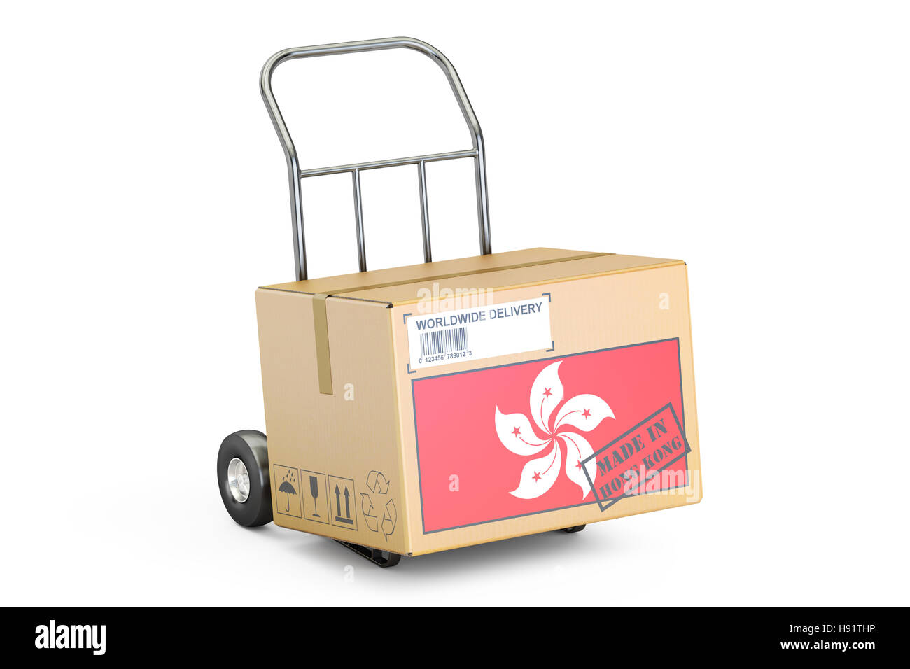 Made in Hong Kong concept. Cardboard Box on Hand Truck, 3D rendering