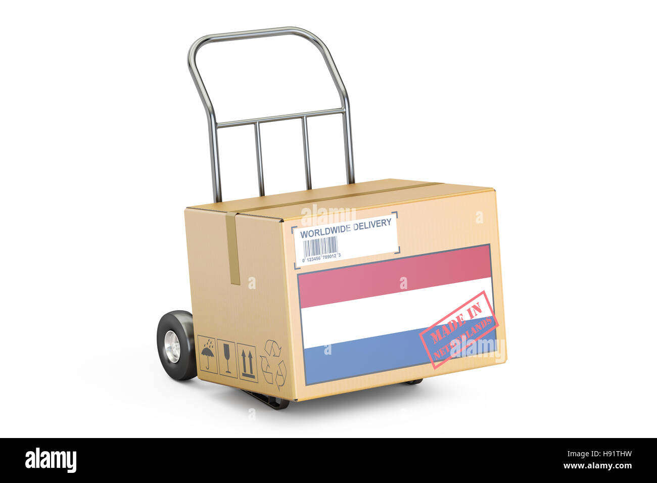 Made in Netherlands concept. Cardboard Box on Hand Truck, 3D rendering