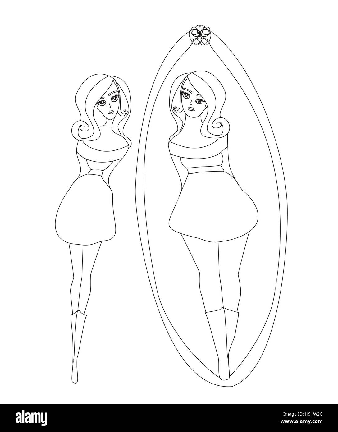 unhappy girl is looking at herself in the mirror Stock Photo