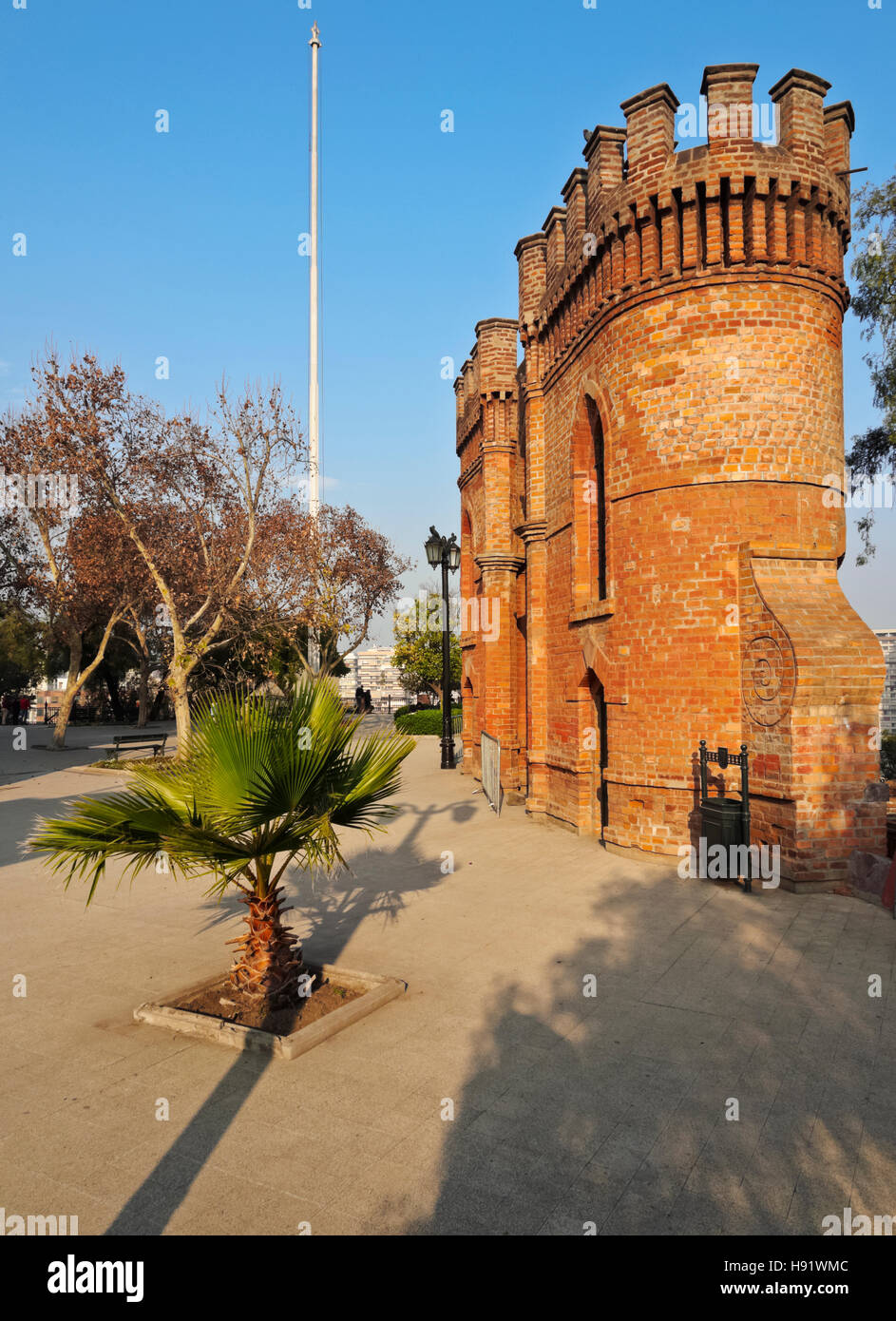 Chile, Santiago, View of the remains of the old Spanish fort on top of the Santa Lucia Hill. Stock Photo