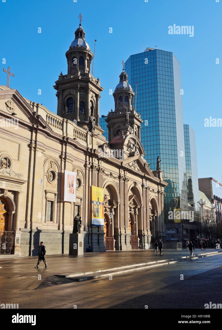 Chile, Santiago, View of the Plaza de Armas and the Metropolitan Cathedral. Stock Photo