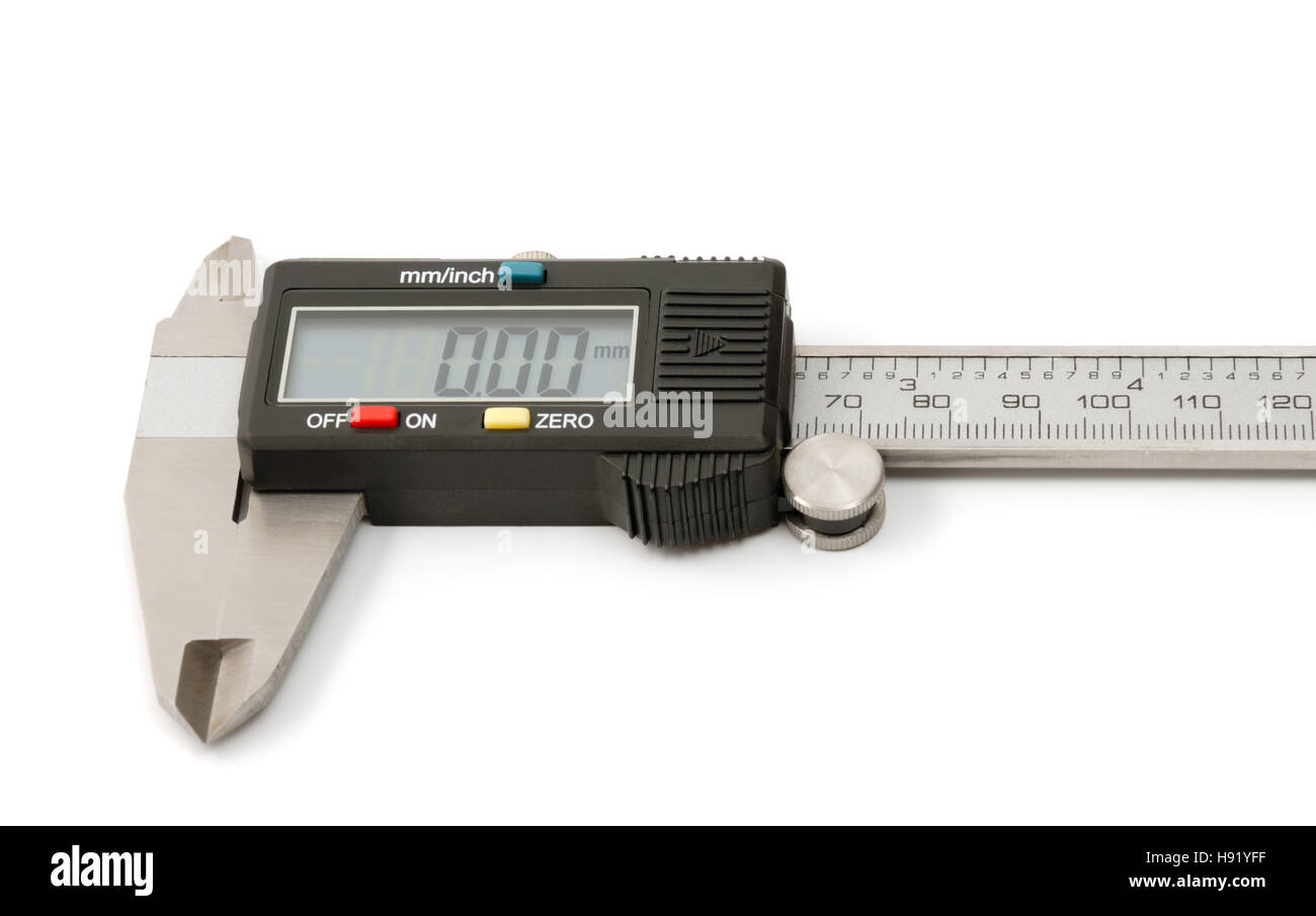 Electronic digital caliper isolated on white background. The precision tool. Stock Photo
