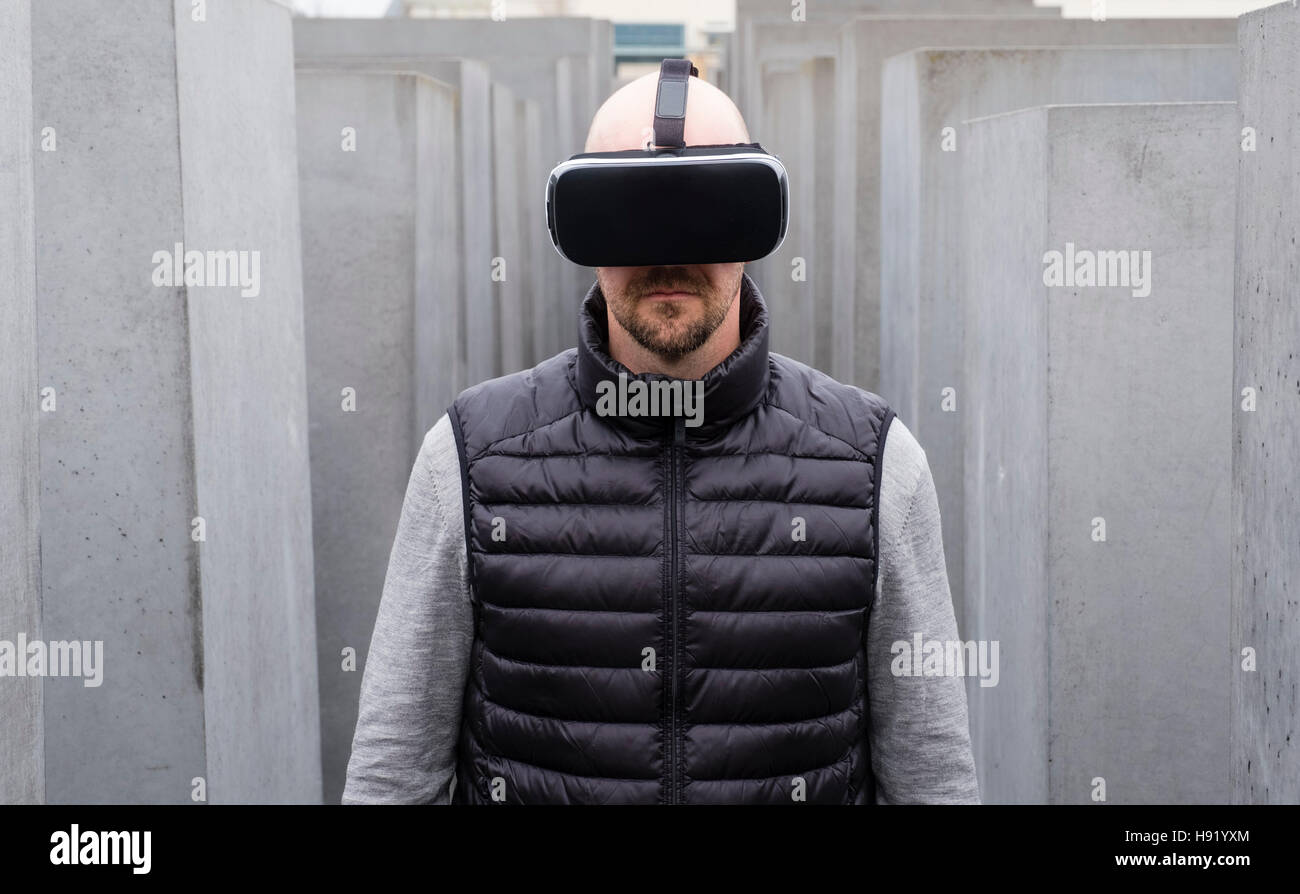 Man wearing VR virtual reality headset in Berlin Germany Stock Photo ...