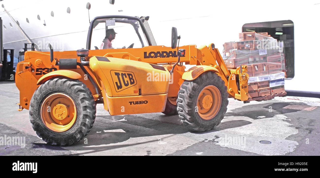 Forklift truck driver driving JCB fork lift truck loading cruise ship liner hold with load of provisions stacked on pallet Charlotte Amalie USVI usa  Stock Photo