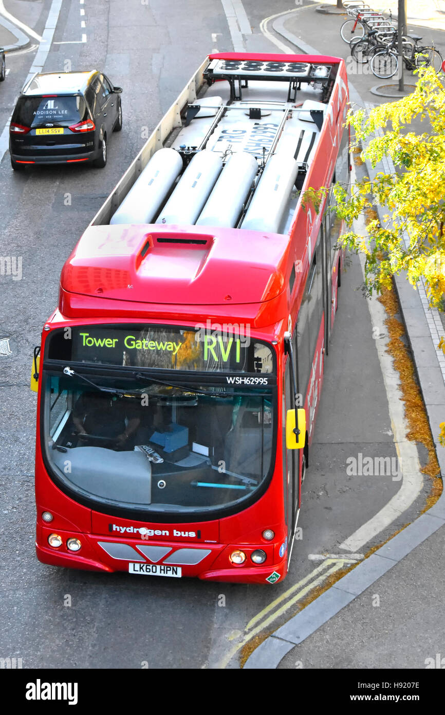 Aerial view of roof mounted fuel cells on red zero emissions environmentally friendly hydrogen public transport UK London bus operating RV1 route Stock Photo