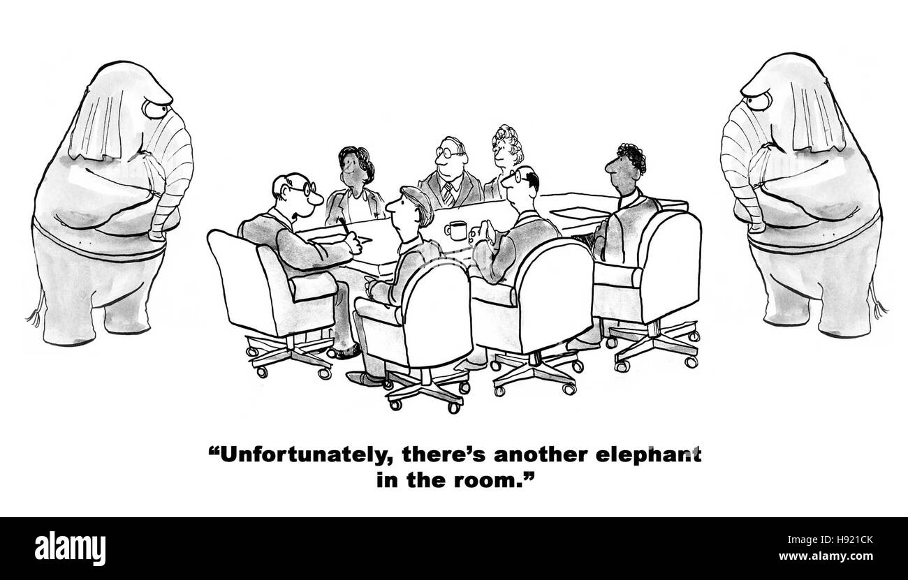 Black and white business cartoon about two 'elephant in the room'. Stock Photo