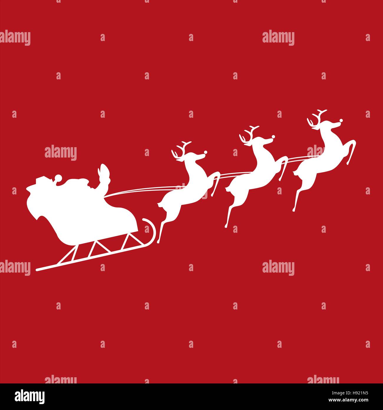 Santa in sleigh with reindeer on red background. Vector illustration