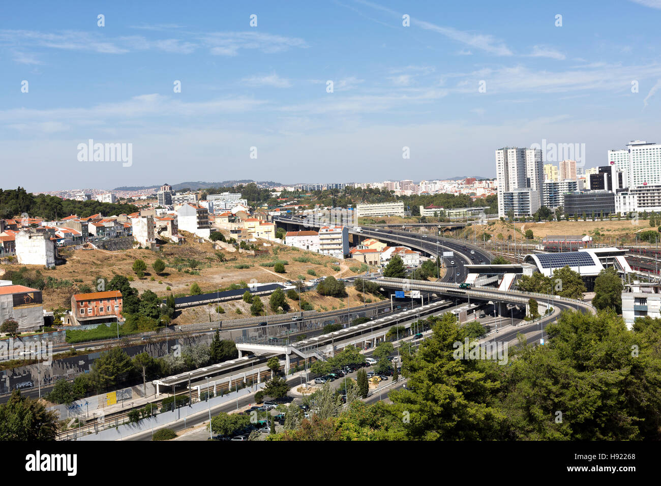 View of the road and railway infrastructure in the Alcantara Valley towards the north of the Aqueduct of the Free Waters in Lisbon, Portugal Stock Photo