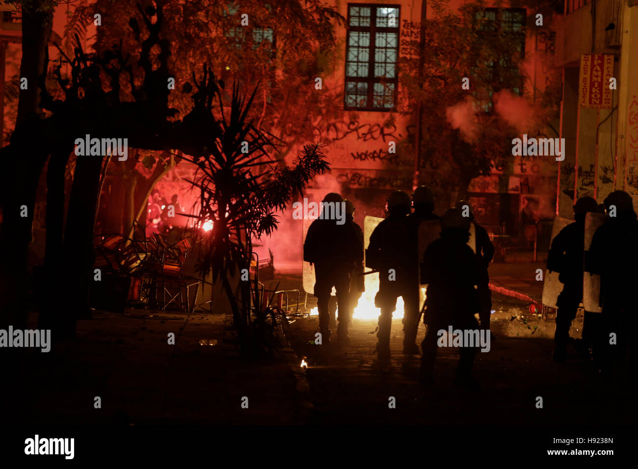 Athens, Greece. 17th Nov, 2016. A fire burns in front of the riot ...
