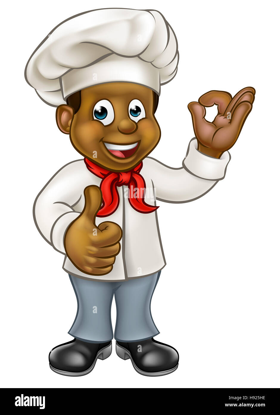 Cartoon black chef or baker character giving thumbs up and perfect delicious cook gesture Stock Photo