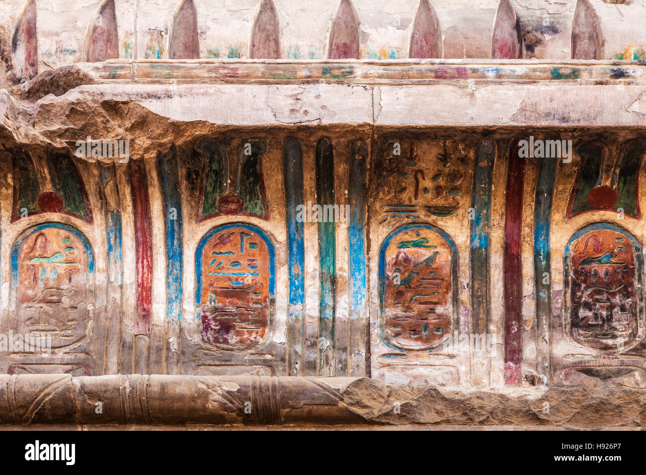 Colourful carvings and hieroglyphs at the ancient Egyptian temple at Kom Ombo. Stock Photo