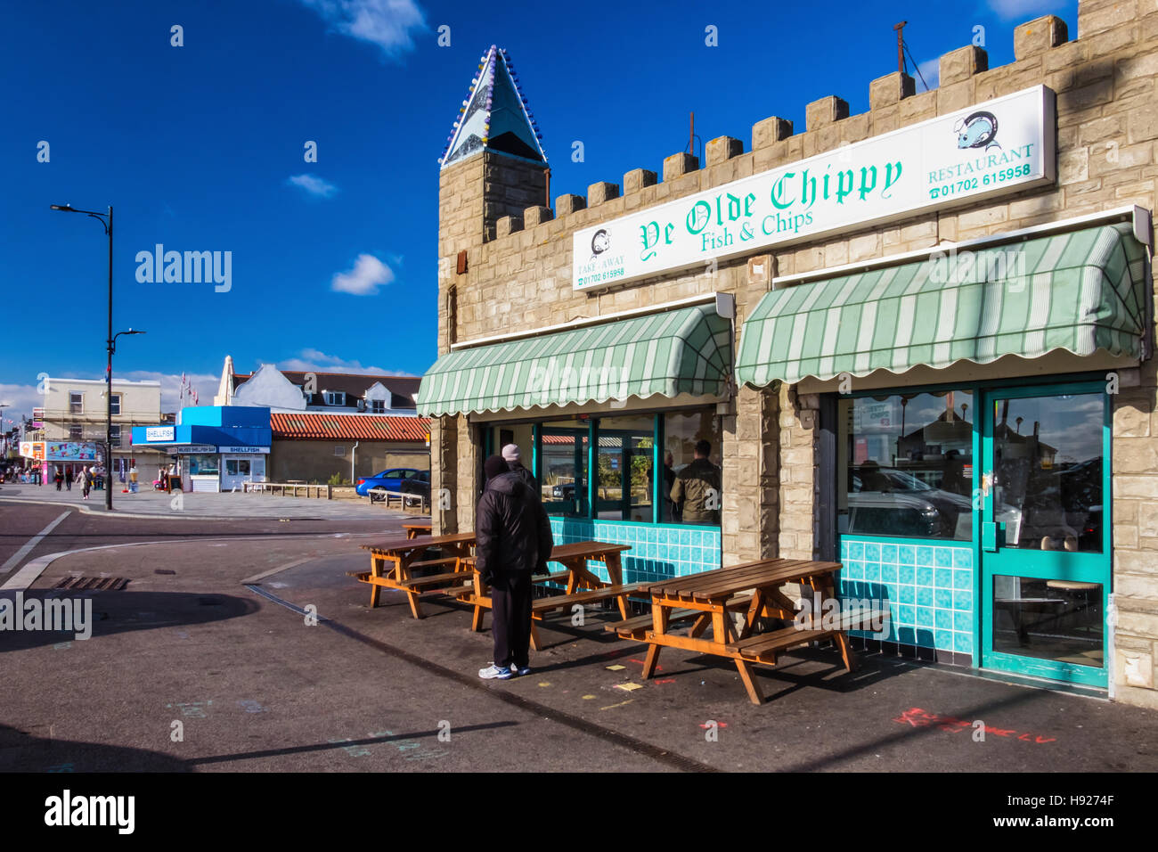 "Ye Olde Chippy" Seaside fish and chip fast food shop on the seafront