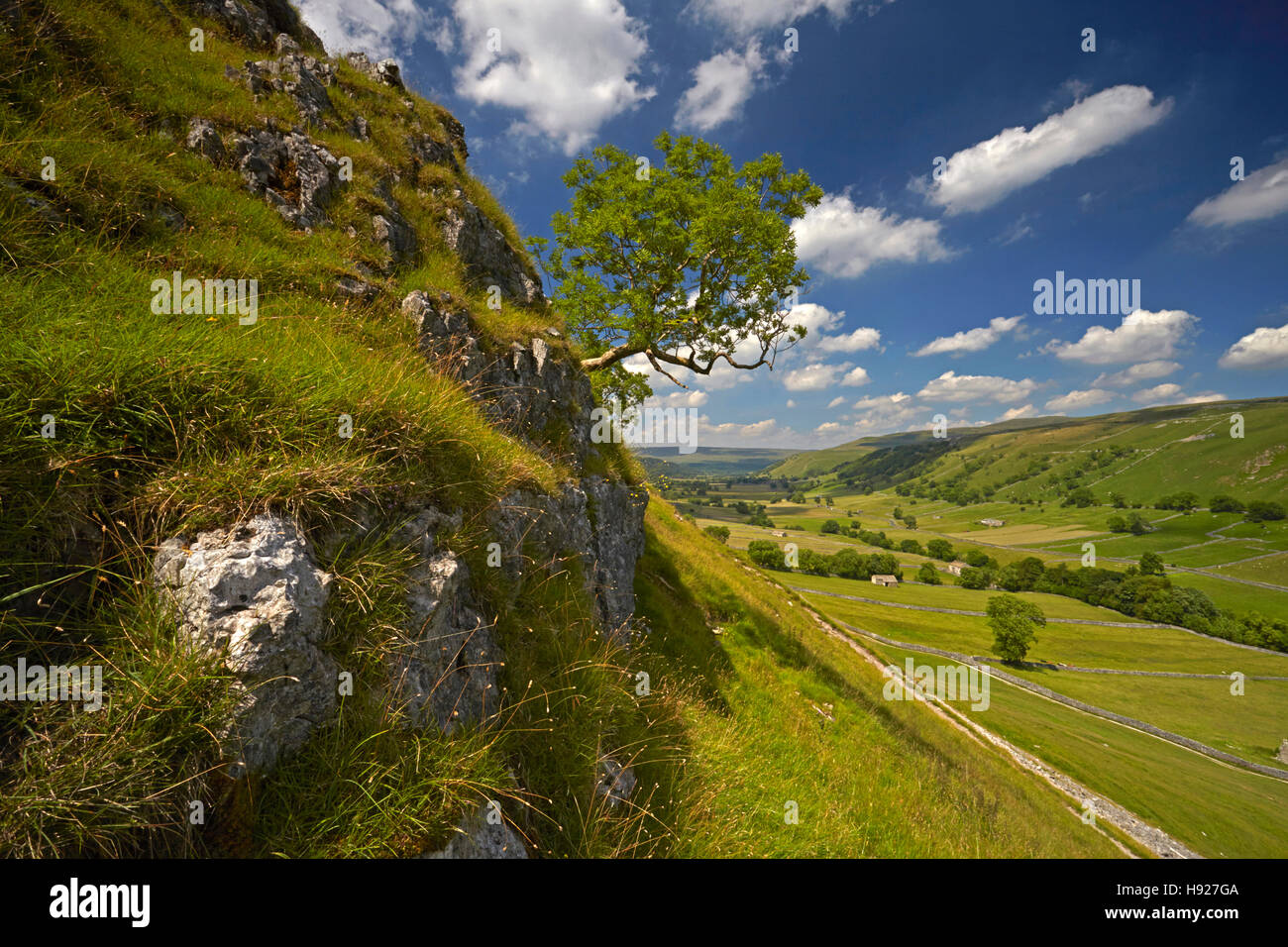 A view of Upper Wharfedale from above the village of Kettlewell in the Yorkshire Dales. Stock Photo
