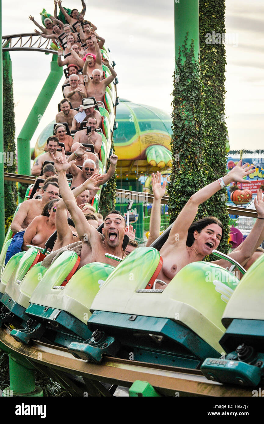 Naked thrill seekers ride the Green Scream roller coaster on a very chilly  morning at Adventure Island in Southend in Essex Stock Photo - Alamy