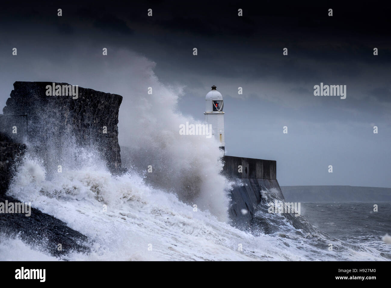 Wild seas as Storm Desmond batters the coast of Porthcawl in South Wales. Stock Photo