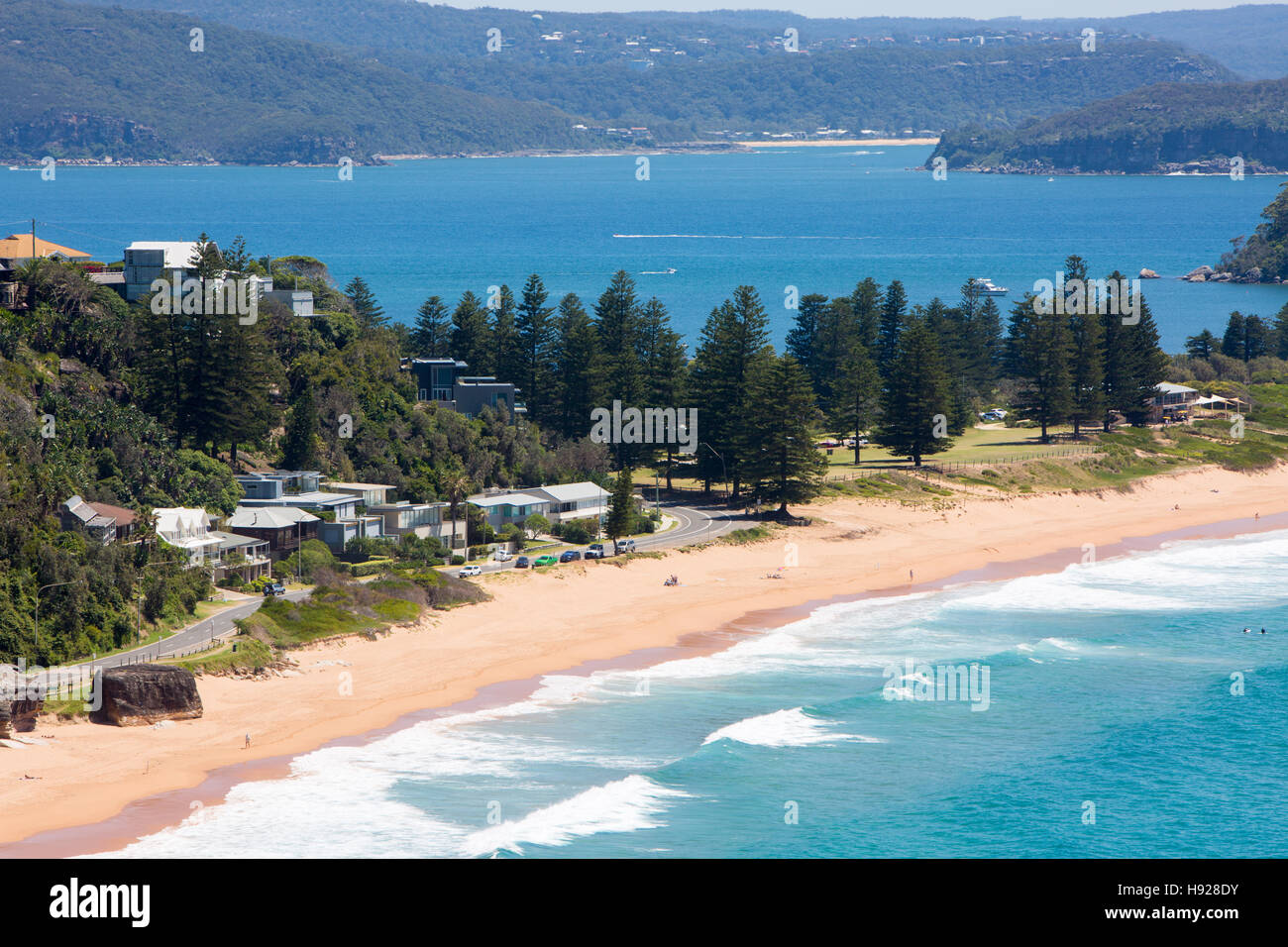 view north along Sydney Palm Beach and ocean, with Pittwater and Great ...