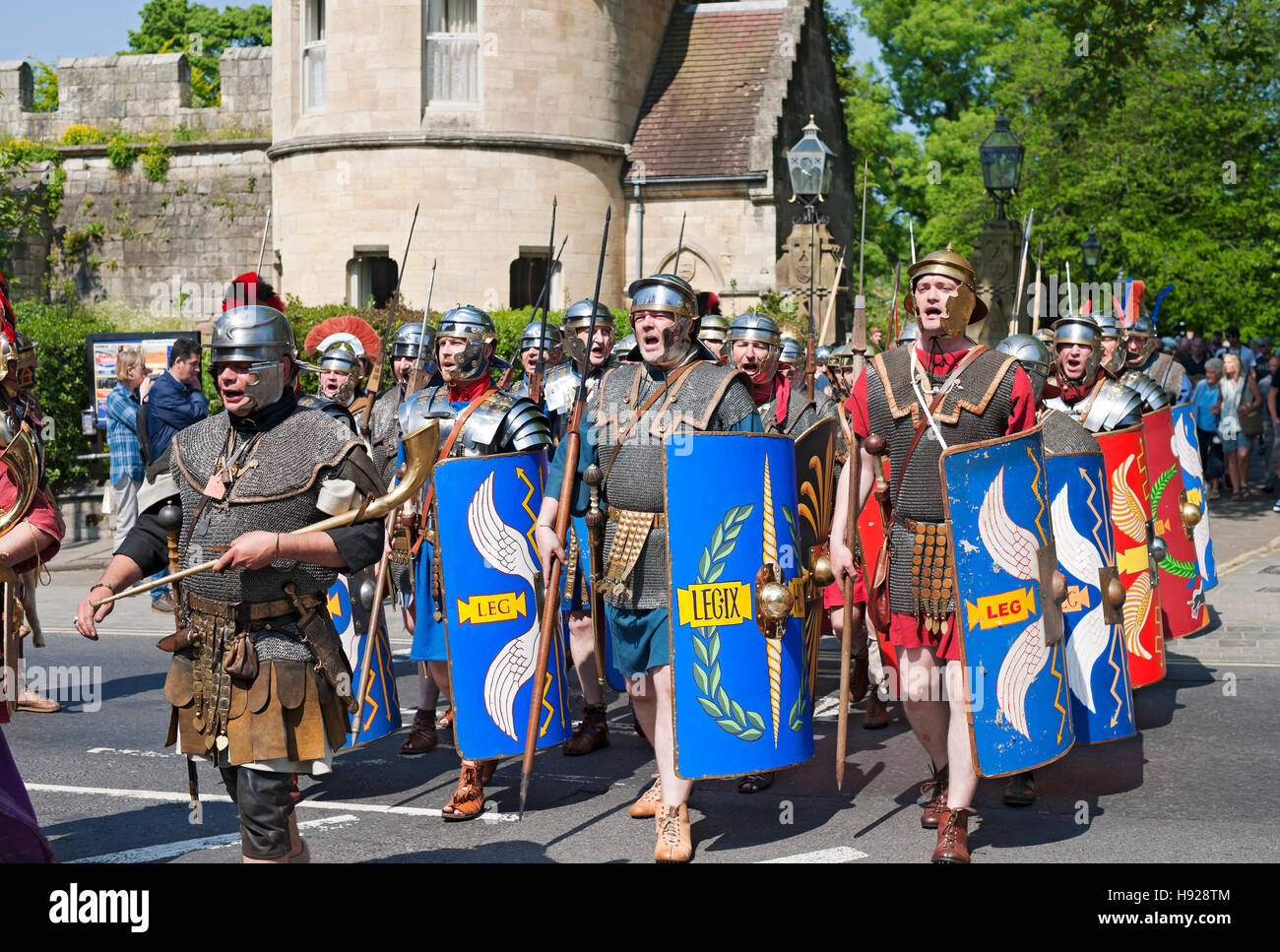 Soldiers marching from the Museum Gardens at the Roman Festival. Stock Photo